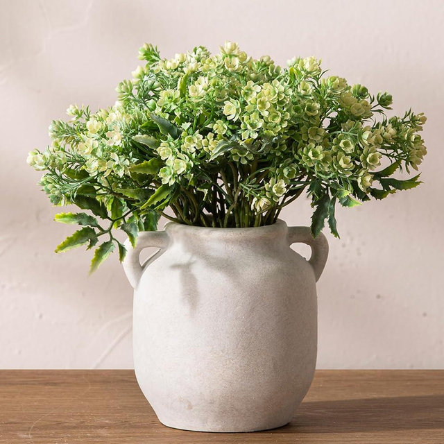 Ceramic Flower Vase Home Decor - 6 Inch Farmhouse Rustic White Table Vases with Handle Living Room Decoration Decorative Vintage Pottery for Kitchen Shelf Coffee Dining Desk Bookshelf Fireplace