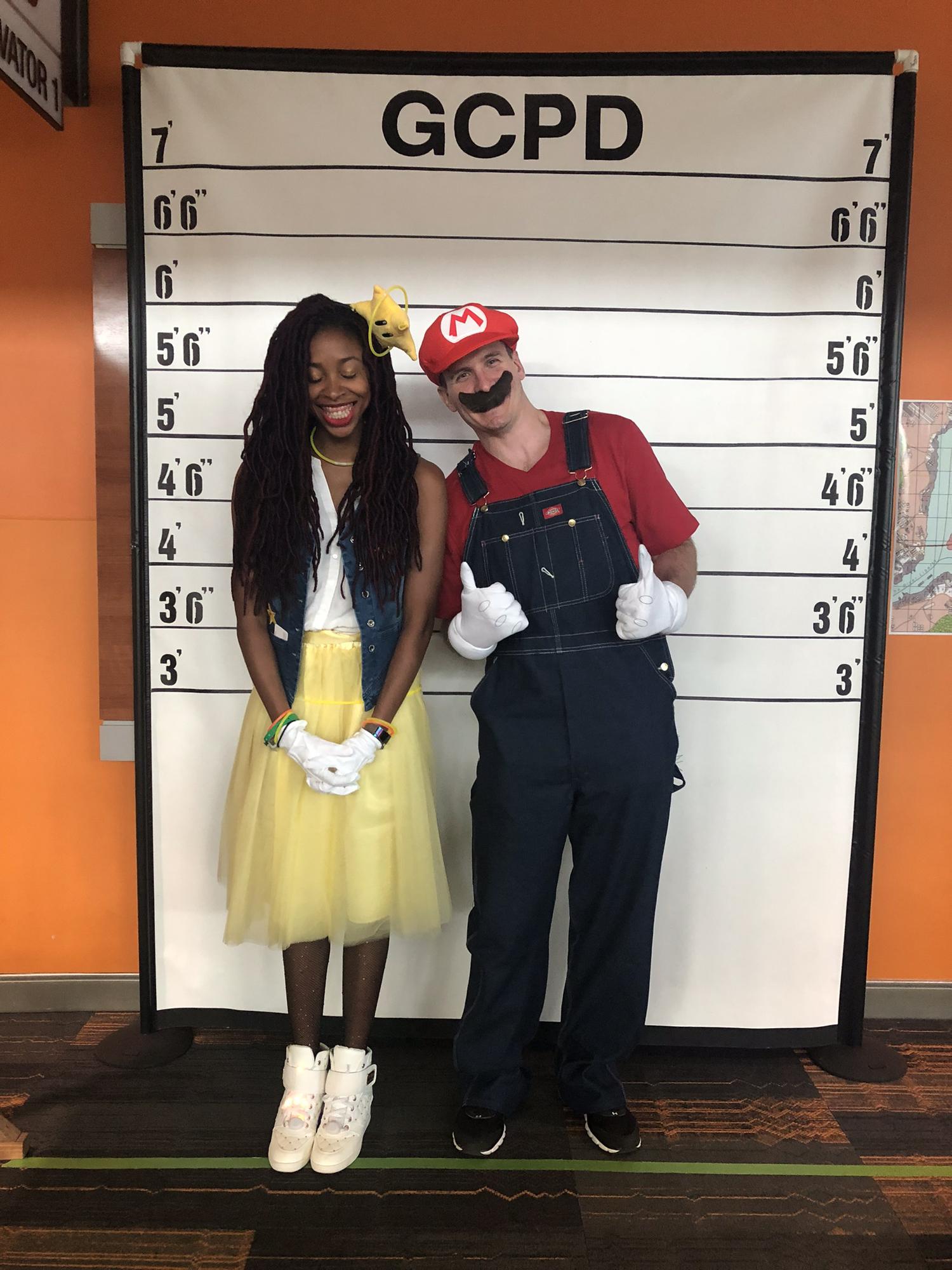 Being booked by Gotham City PD, as Mario and Star Power, San Jose ComicCon