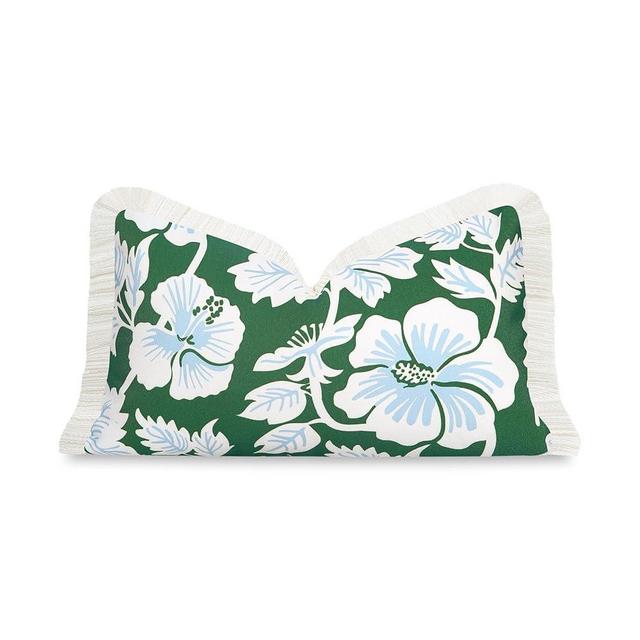 Hofdeco Premium Coastal Patio Indoor Outdoor Lumbar Pillow Cover Only, 12"x20" Water Repellent for Backyard, Couch, Green Baby Blue Print Tropical Hisbucs Flowers