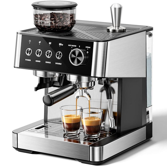 Kismile Espresso Machines with Grinder, 20 Bar Professional Espresso Maker with Removable Water Tank,Milk Frother Steam Wand for Latte&Cappuccino,Ideal for Home/Office(BLACK)