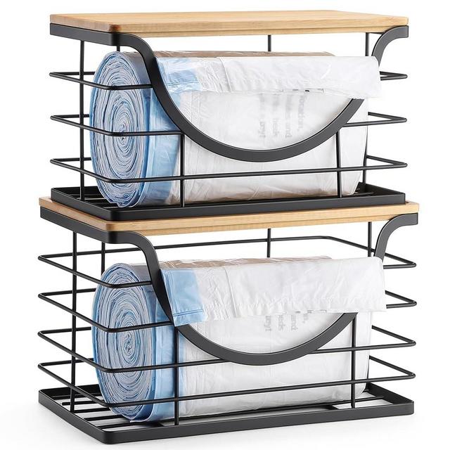 YAFFWA Extra Large Trash Bag Holder Under Sink 2 Pack Stackable Kitchen Storage with Bamboo Lid, Garbage Bag Dispenser Roll Holder, Wall Mounted Laundry Room Organization Storage