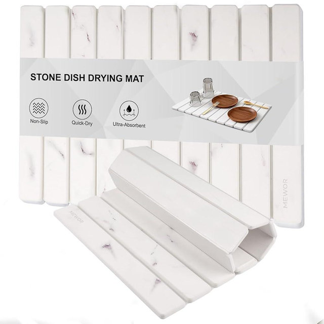 Stone Drying Mat for Kitchen Counter, 24"(L)×16"(W), Collapsible Quick Dry Stone Dishes Mats, Absorbent Diatomaceous Earth Mats for Kitchen, Bathroom