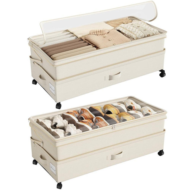 Kitstorack 2Pack Height-adjustable Under Bed Storage with Wheels, Under Bed Storage Containers,Under Bed Shoe Storage Organizer with Clear Window&Label, Suitable for Clothes Storage, Beige
