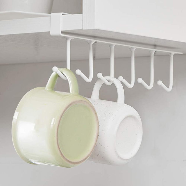 Greensen Mug Rack Under Cabinet with 6 Hooks, White Coffee Cup Hanger, Slide in Storage Organizer, 10.24"x2.56"x0.87