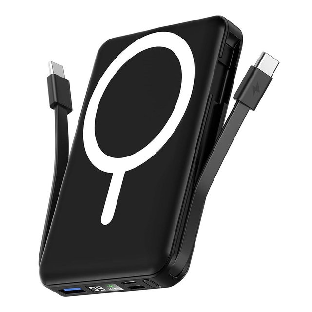 podoru for Magsafe Battery Pack, 10000mAh Magnetic Power Bank Built-in Double USB C Cables 22.5W PD Fast Charging LED Display Wireless Portable Charger for iPhone 17/16/15/14/13/12 Series-Black