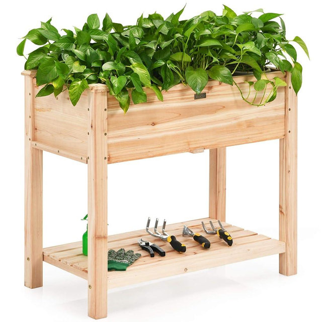 Giantex Raised Garden Bed, Elevated Wood Planter Box, Standing Garden Bed Kit w/Legs & Storage Shelf for Vegetable Flower Herb, Outdoor Use for Patio Backyard, Natural