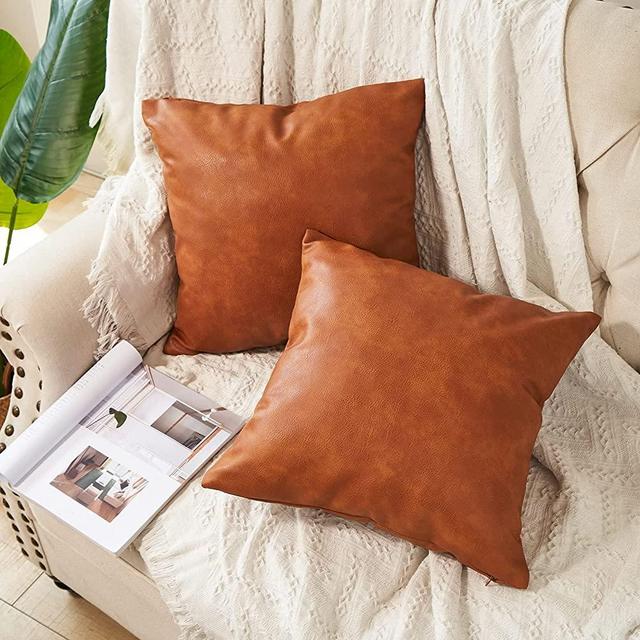 RutherCraft Pack of 2 Thick Faux Leather Throw Pillow Covers,Square Modern Decorative Throw Pillow Case for Farmhouse Sofa Couch Bed Car,24x24 Brown