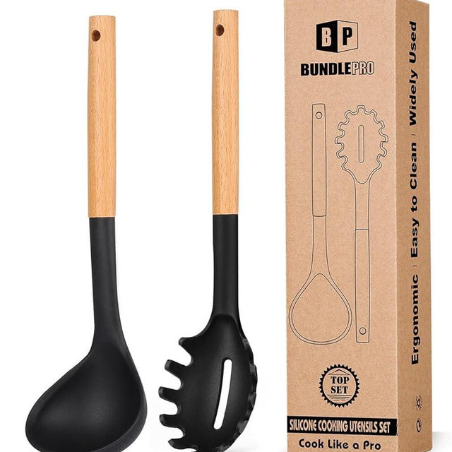 Silicone Pasta Fork and Ladle Spoon Set with Wooden Handle, Heat Resistant Non Stick Kitchen Utensils for Cooking, Stirring, Serving Spaghetti, Soup, Sauce(BLACK)