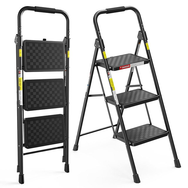 HBTower 3 Step Ladder, Heavy Duty Step Stools for Adults, Safe-Lock Design & Handrail, Step Stool Foldable with Anti-Slip Pedal and Feet, Ladders for Home Kitchen Garage Outdoor, 330 Lbs, Black