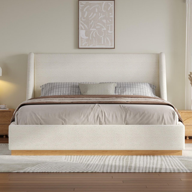 Christopher Knight Home Marje Modern Rubber Wood Upholstered Platform Bed with Wingback Design, White, King