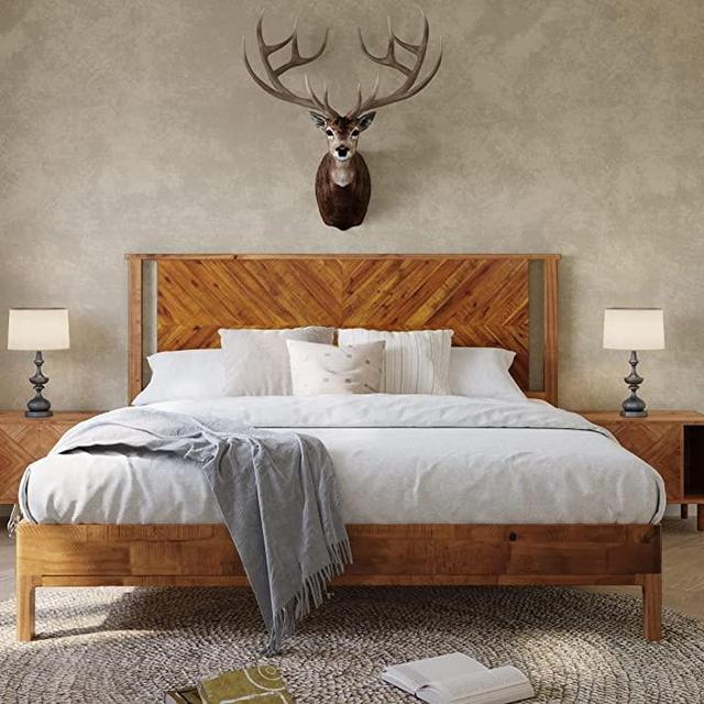 Bme Vivian 14 Inch Deluxe Bed Frame with Headboard - Rustic & Scandinavian Style with Solid Acacia Wood - No Box Spring Needed - 12 Strong Wood Slat Support - Easy Assembly - King