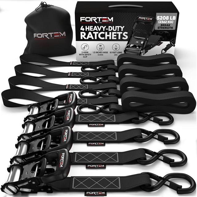 FORTEM Ratchet Tie Down Straps, 5208lb Break Strength, (4) 10FT Heavy Duty Straps, (4) Soft Loops, Rubber Coated Metal Handles, Plastic Coated Metal Hooks, Carrying Case (Black)