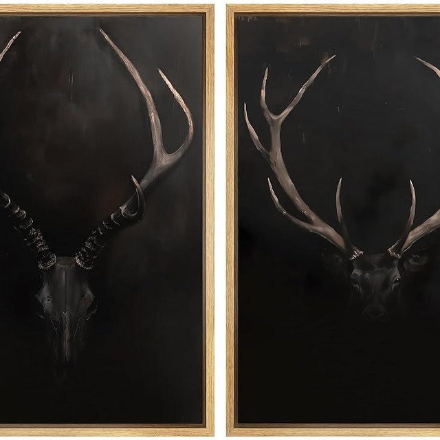 SIGNWIN Framed Canvas Print Wall Art Rustic Antler Skull Dark Dramatic Black Vintage-Inspired Deer and Elk Antlers Illustrations Decorative for Living Room, Bedroom, Office - 16"x24"x2 Natural