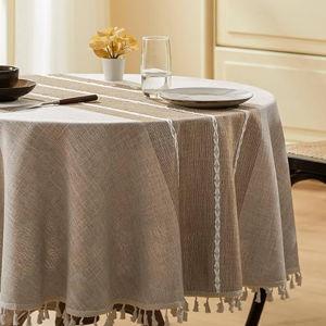 ZeeMart Contrast Linen Round Tablecloth 60 Inch Brown, Farmhouse Style Round Table Cloth Heavy Weight Beige Tablecloths, Water Resistant Burlap Table Cloths