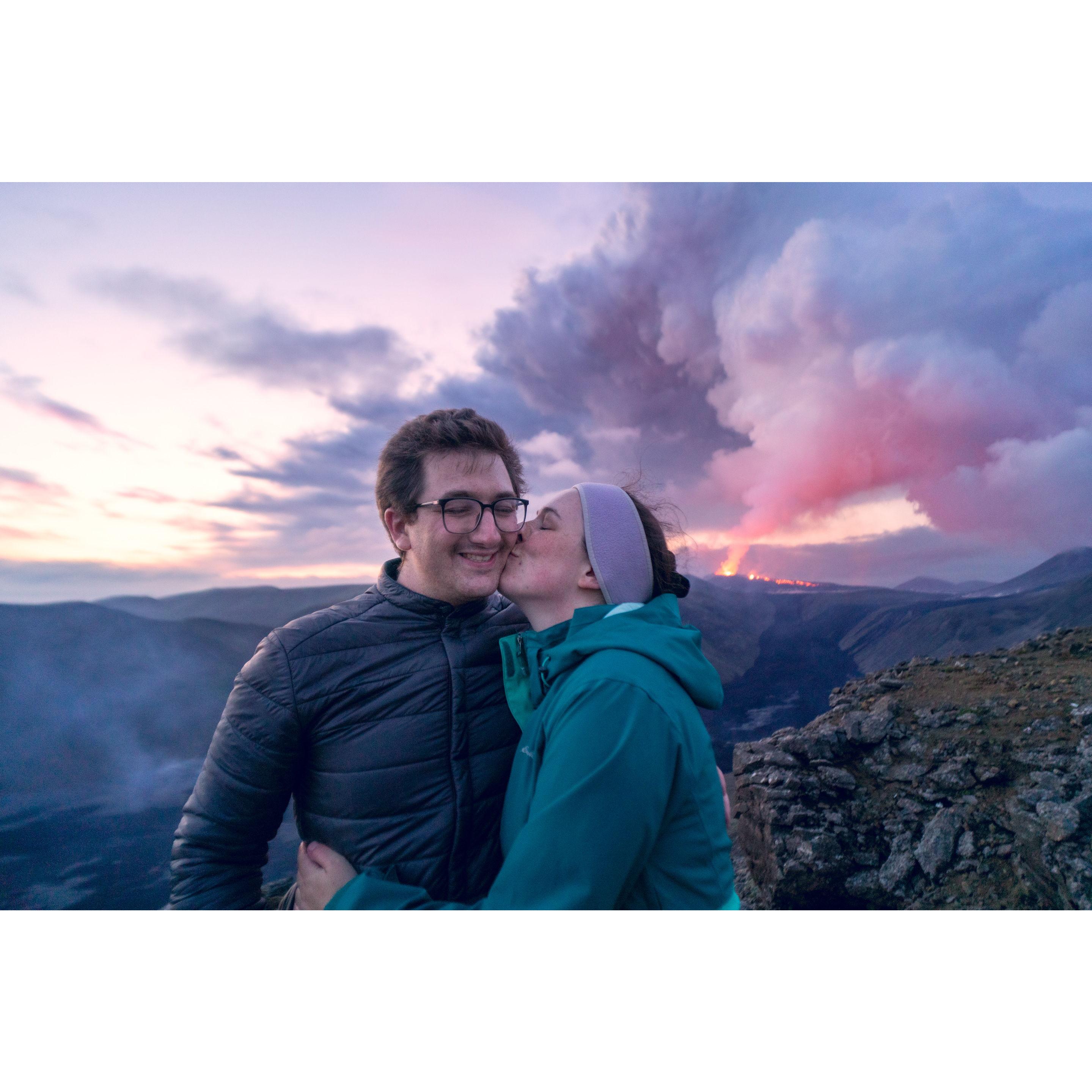 Midnight picnic overlooking the Icelandic volcano Fagradalsfjall, which became active just in time for our visit.