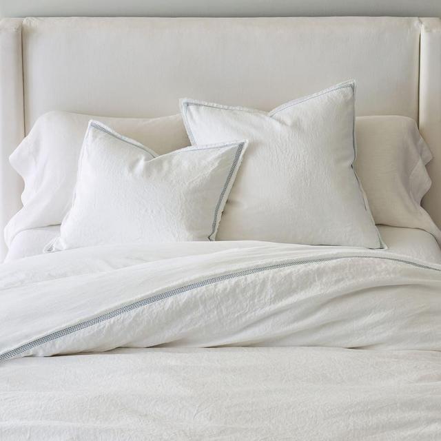 White/Chambray Border Belgian Linen Fringed Border Stitch Duvet Cover, King/Cal. King