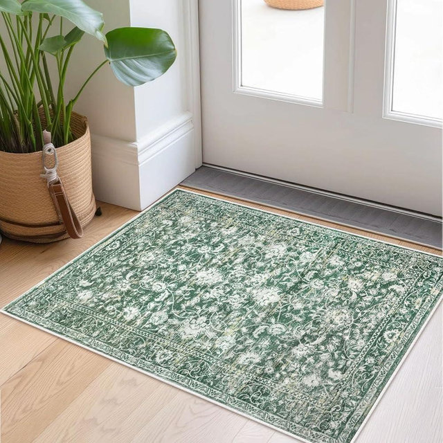 KILOCOCO Entryway Rug 2x3 Rug Kitchen Mat Printed Vintage Floral Rug Washable Rug Non Slip Indoor Mat Entry Rug Small Rug for Laundry Room Bedroom Entrance Throw Rug, Green