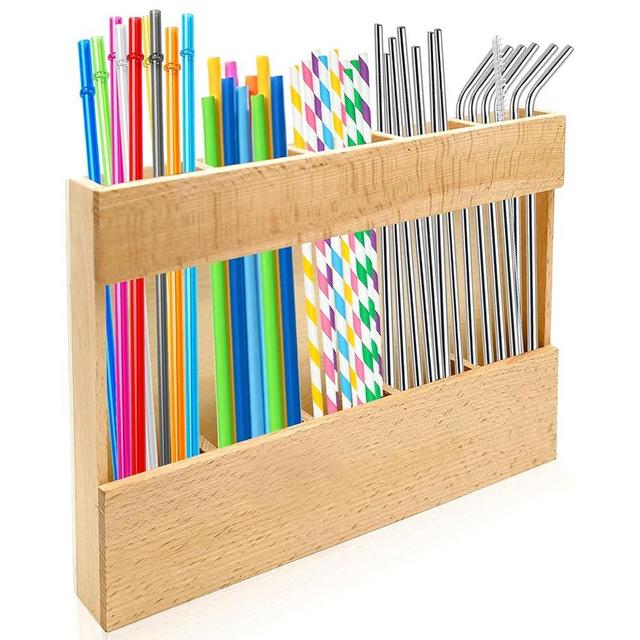 Wooden Straw Holder Straw Organizer Straws Storage Container with 4 Pcs Double Sided Adhesive Tape for Kitchen Counter