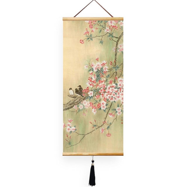 EAPEY 32x14in Asian Scroll Wall Art, Vintage Floral Canvas Prints Paintings, Ready to Hang Home Decor