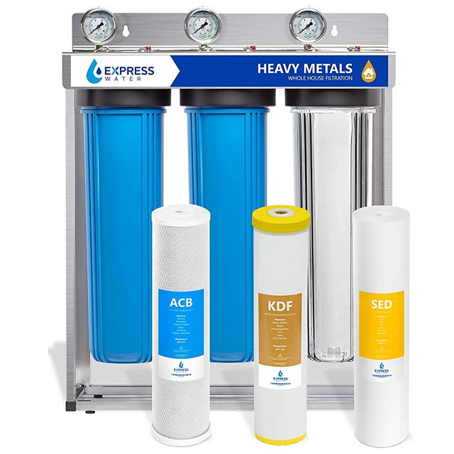 Express Water Heavy Metal Whole House Water Filter – 3 Stage Whole House Water Filtration System – Sediment, KDF, Carbon Filters – Includes Pressure Gauges, Easy Release, and 1” Inch Connections