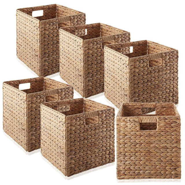Casafield 12" x 12" Hyacinth Storage Baskets, Cinnamon - Set of 6 Storage Organizers, Woven Wicker Cubes for Bathroom, Bedroom, Laundry, Shelves