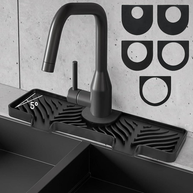Hexola Silicone Faucet Splash Guard - 5°Slope Kitchen Sink Splash Guard, 15 Inch Faucet Mat for Kitchen Sink with 5 Sizes of Rubber Rings, Silicone Sink Draining Mat for Kitchen Bathroom (Black)