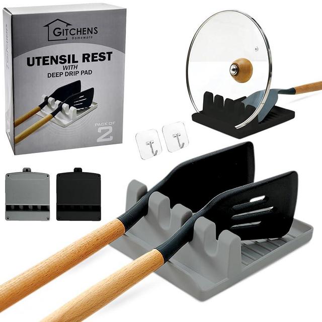 Gitchens Premium Utensil And Spoon Rest with Deep Drip Pad And Pot Lid Holder | Utensils And Spoons Cooking Stand for a Clean Grill, Stove And Kitchen | 2 Pack with Hanging Hooks (Black and Grey)