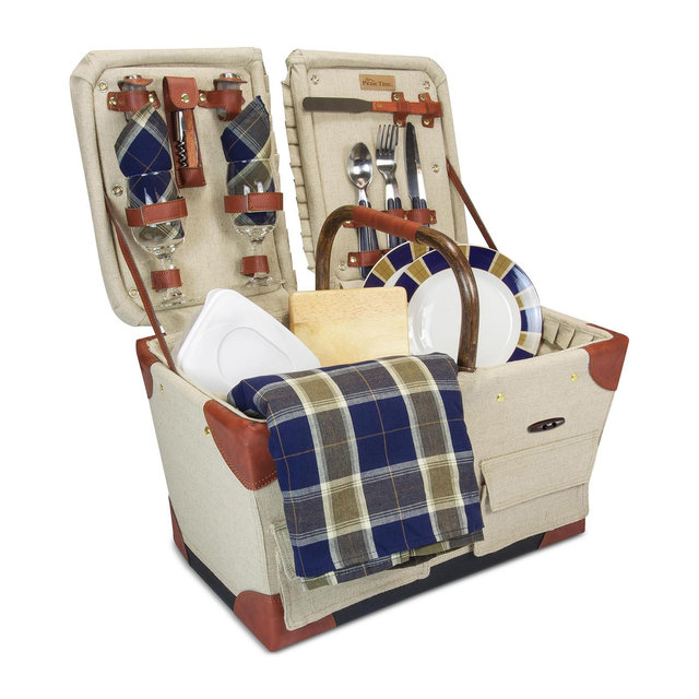 Picnic Time Pioneer Plaid-Accented Tan Picnic Basket