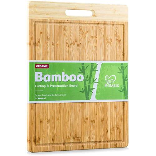 K Basix Extra Large Bamboo Cutting Board with Juice Groove and Handle - 100% Organic Wood Cutting board - Butcher Block Chopping board - Cutting boards for Kitchen - Non-Slip & Sturdy Design