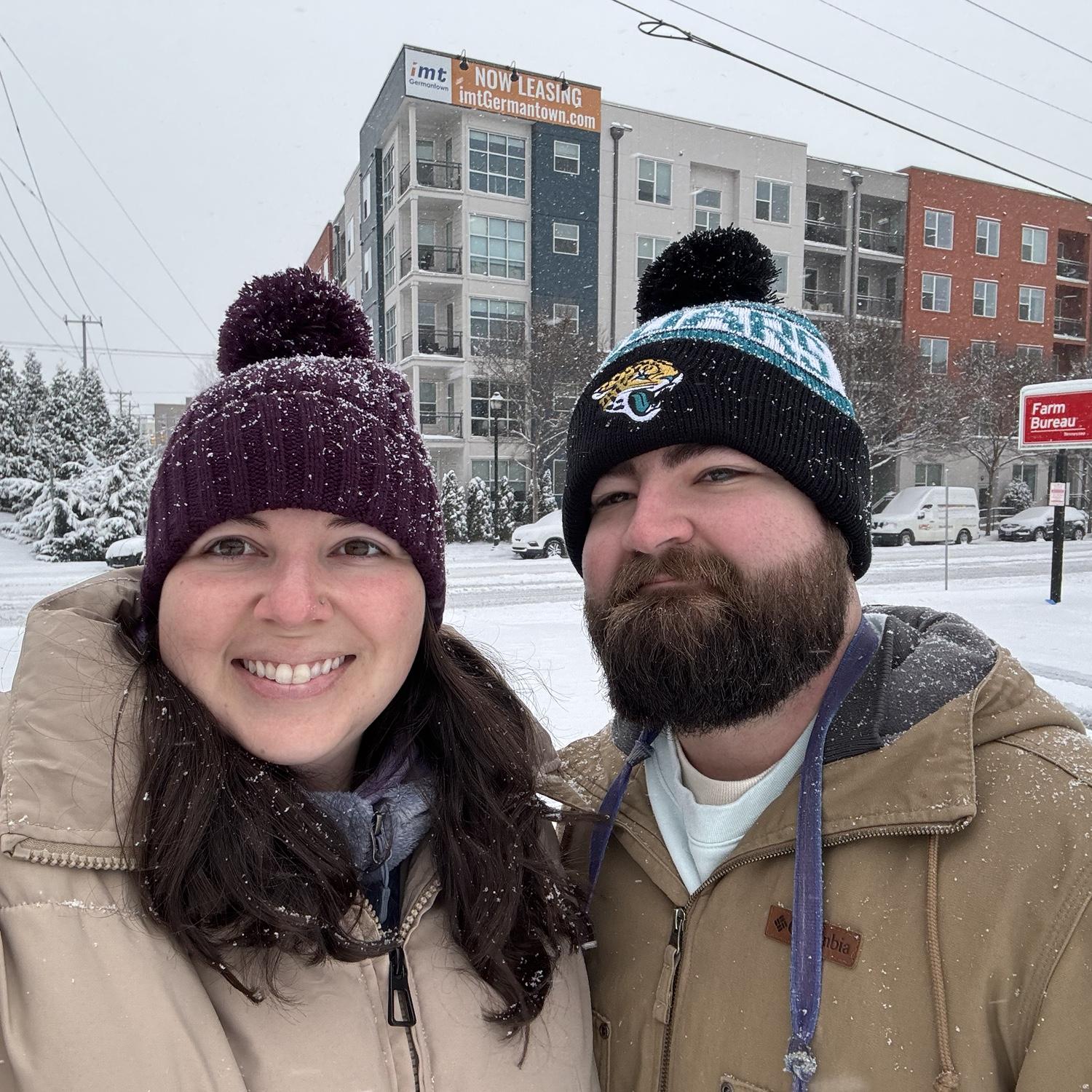 Snow day in Nashville in 2024! Fun fact: behind us is the first apartment we lived in together.