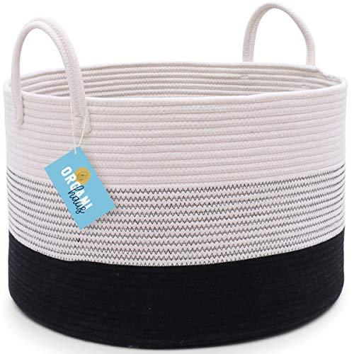 OrganiHaus XXL Cotton Rope Basket in Black and Off White with Stitches | Tall 15x18 Storage Basket with Long Handles | Decorative Black and White Basket for Blankets Living Room