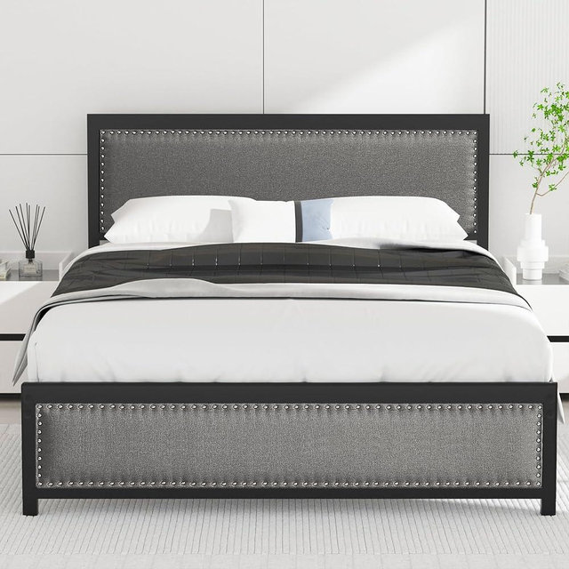VECELO Queen Size Bed Frame with Linen Fabric Headboard and Footboard, Heavy-Duty Platform with Strong Steel Slats, No Box Spring Needed, Easy Assembly, Grey