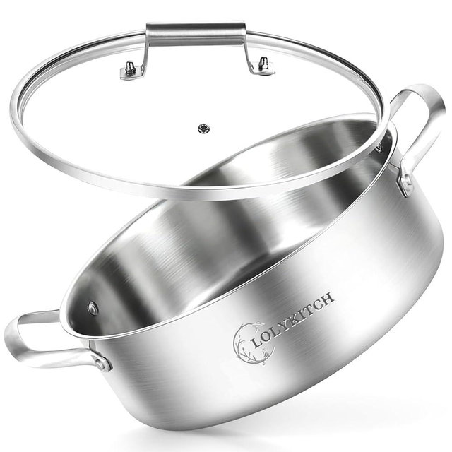 LOLYKITCH 8 Quart Stainless Steel Sauté Pan with Lid, Extra Large Deep Skillet, 13 Inch Triply Braiser Pot with Double Handles, Induction Jumbo Cooker for Family Meals, Oven Safe, 6-12 Servings