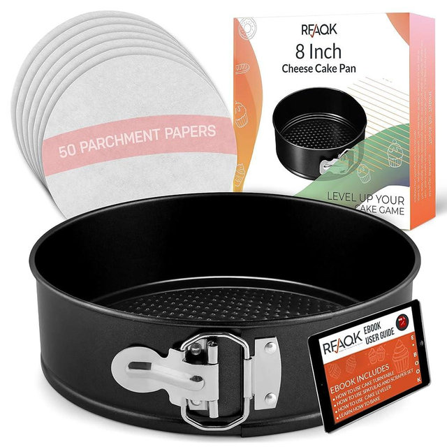 RFAQK Ultimate 8-inch Springform Cake Pan Set with Removable Bottom- Leakproof Non-stick Round Baking Pan with 50Pcs Parchment Papers Perfect for Cheesecakes, Sponge Cakes & More- Bonus E-Book!
