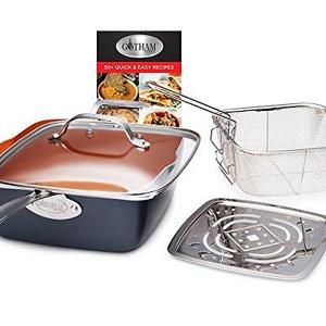 E. Mishan & Sons Inc - Gotham Steel Titanium Ceramic 9.5” Non-Stick Copper Deep Square Frying & Cooking Pan With Lid, Frying Basket, Steamer Tray, 4 Piece Set - Graphite