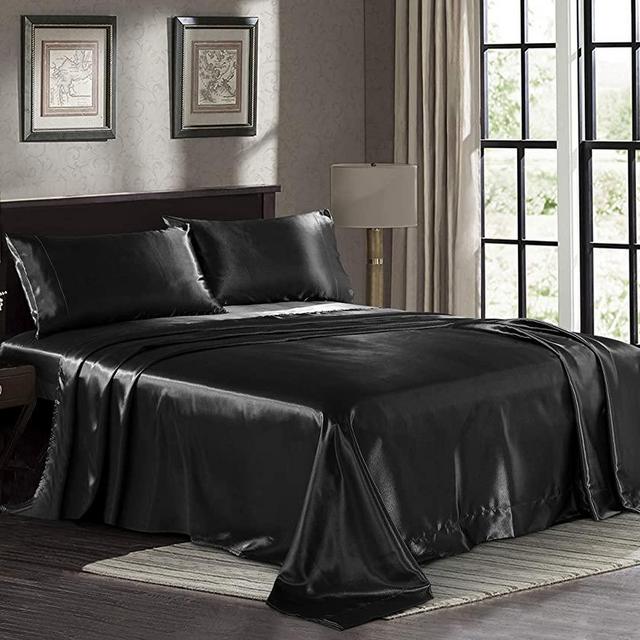 Satin Sheets Queen [4-Piece, Black] Hotel Luxury Silky Bed Sheets - Extra Soft 1800 Microfiber Sheet Set, Wrinkle, Fade, Stain Resistant - Deep Pocket Fitted Sheet, Flat Sheet, Pillow Cases