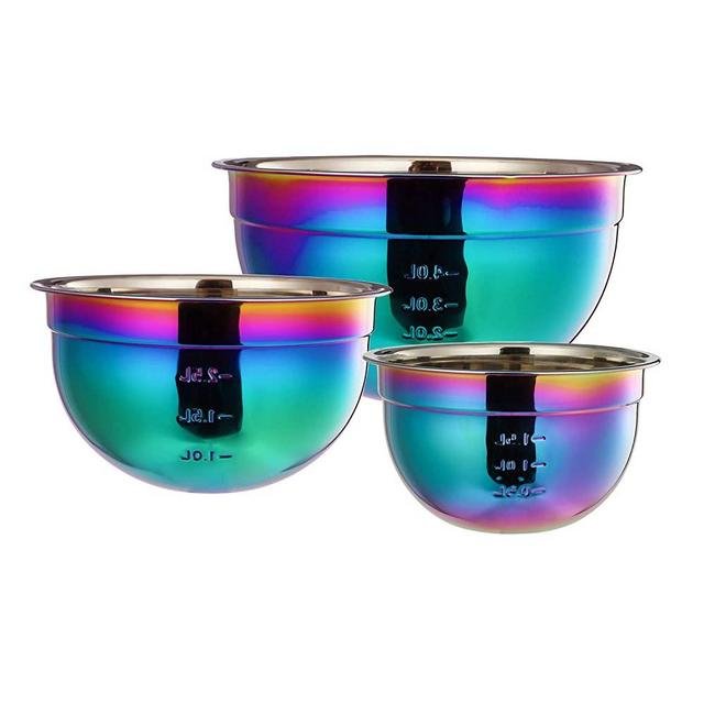 Mixing Bowls for Kitchen 3 Piece Rainbow 18/8 Stainless Steel Nesting Salad Bowl Set with Measurement for Cooking Baking Chef Prep Fruit 1.5 2.5 4 Liter