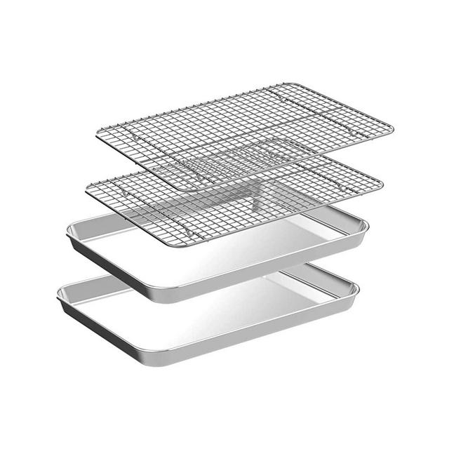 Quarter Baking Sheet with Rack Set [2 Pans + 2 Racks], CEKEE Stainless Steel Cookie Sheet Baking Pan Tray with Cooling Rack, Non Toxic & Heavy Duty & Easy Clean （9 Inch）
