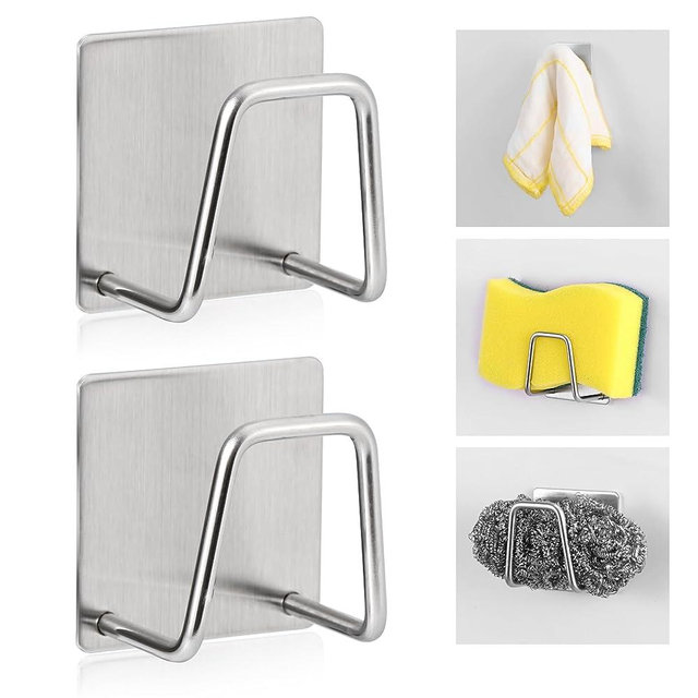 Adhesive Sponge Holder for Kitchen Sink, SUS304 Stainless Steel Scrubber Hanger Sink Caddy Accessories Storage Rack Stand for Scratch Scrub Dishcloth Dishrag Steel Wool Exfoliator Strainer Stopper