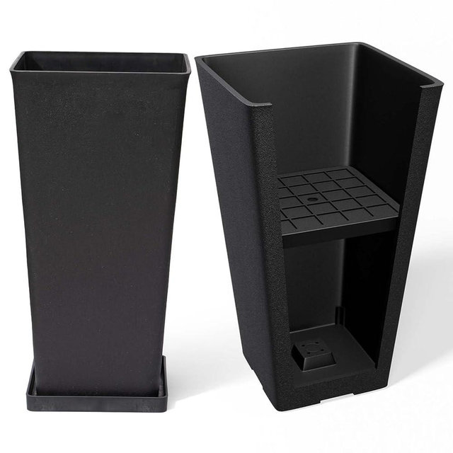 LA JOLIE MUSE 26 inch Tall Black Planters for Outdoor Plants,Set of 2 Tapered Planters with Trays,V-Shape Rectangular Garden Planters for Front Door, Patio and Deck