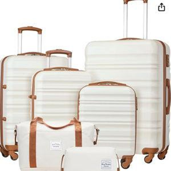 LONG VACATION Luggage Set 4 Piece Luggage with ABS hardshell TSA Lock Spinner Wheels Carry on Suitcase (WHITE-BROWN, 6 piece set)