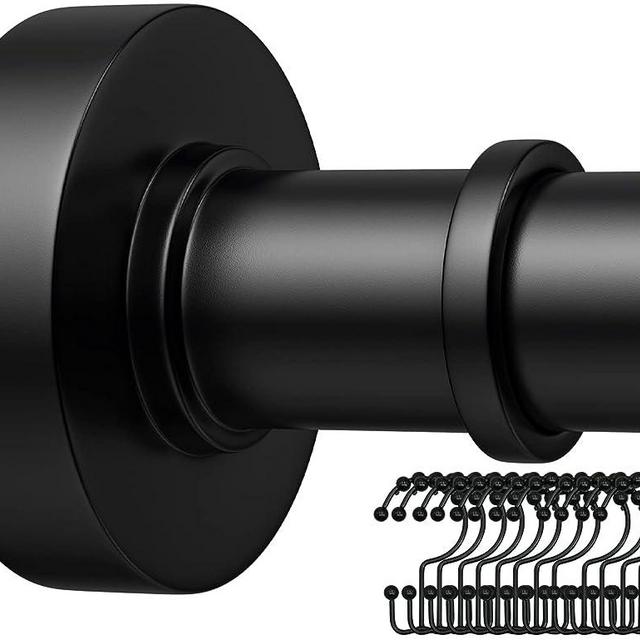 Black Shower Rod with 12 Hooks, 43-72 Inches, Rust Resistance, Adjustable Tension Rod with Durable Spring, No Drilling - Use For Bathroom, Bedroom, Home, Matte Black