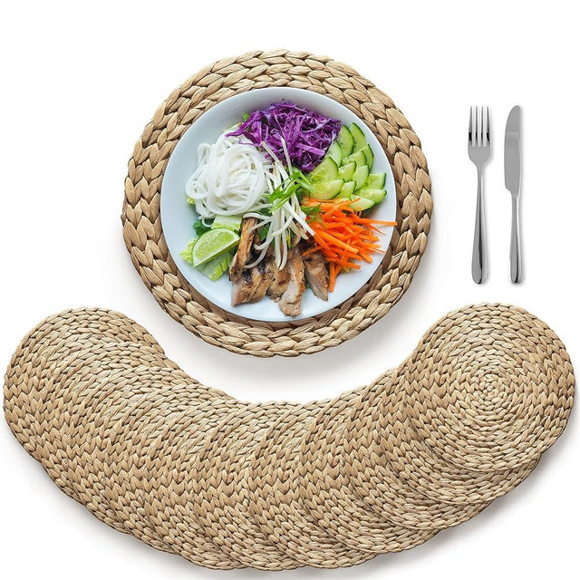 (Sizes:12"-13''-14''-15'') BLUEWEST Woven Placemats (Set of 10) Round Placemats Rattan Placemats, 13.5'' Wicker Water Hyacinth Placemats, Round Braided Placemat Set, Heat Resistant/Anti-Slip for Plate