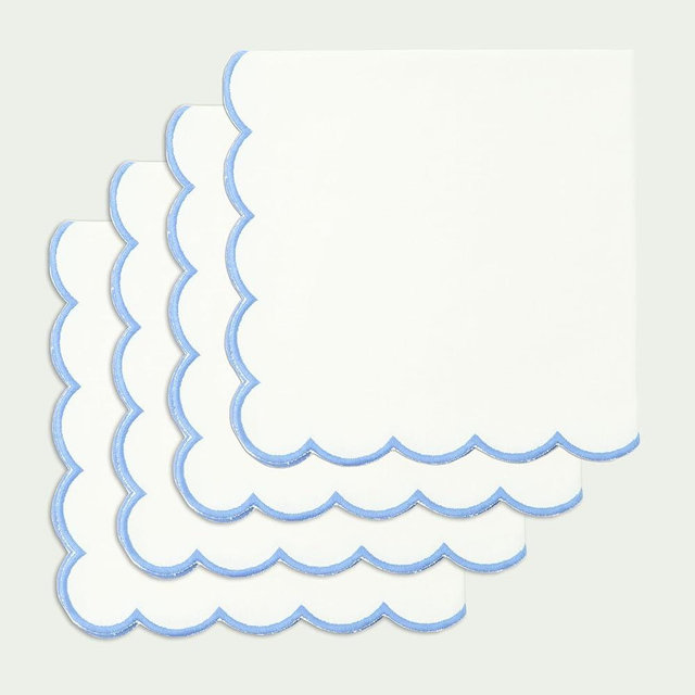 PurpleEssences Scalloped Embroidery Cloth Napkins Table Decor Spring and Summer Cotton Set of 4-18 x 18 inch - White Edges- Light Blue