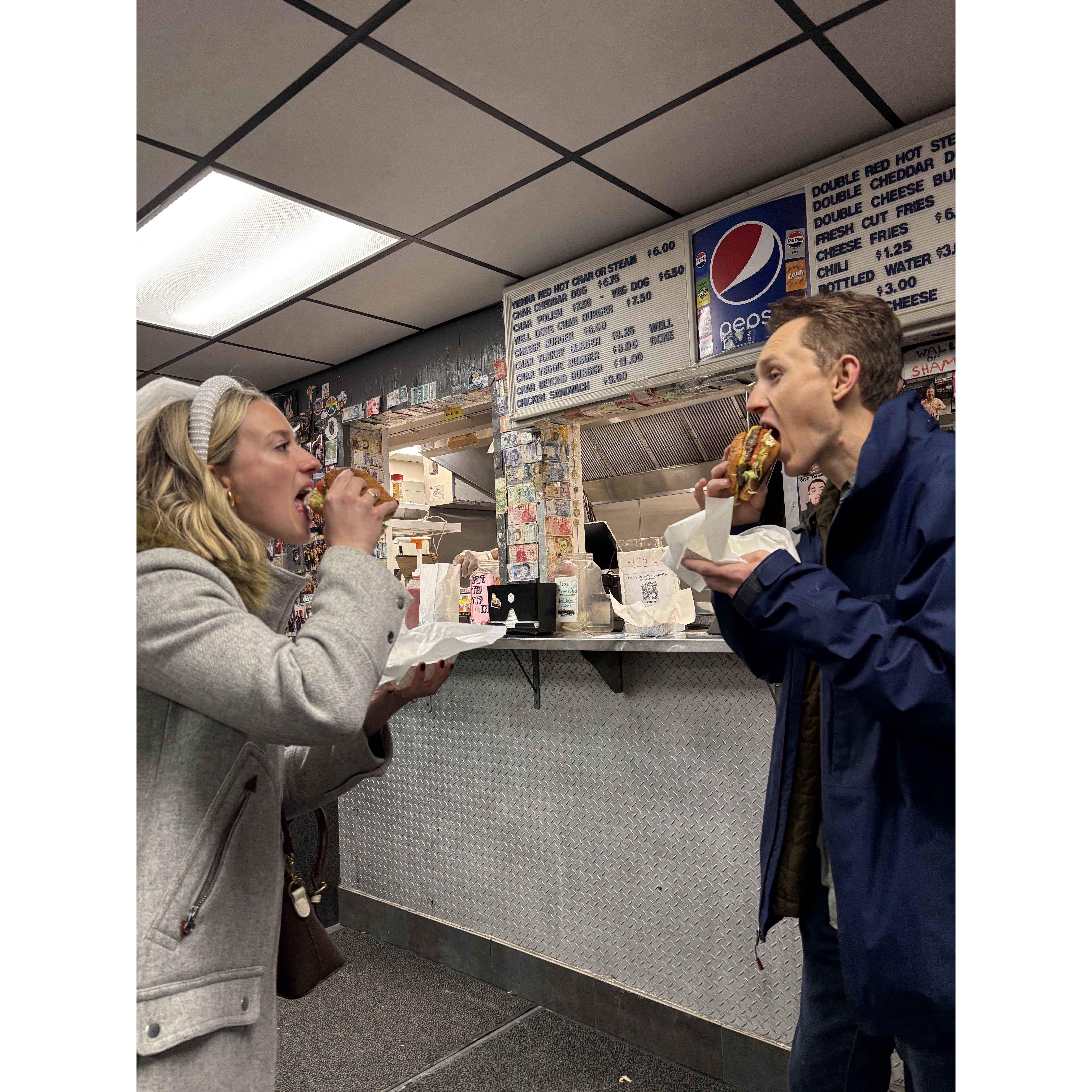 Crushing burgers at the Weiners Circle post-engagement