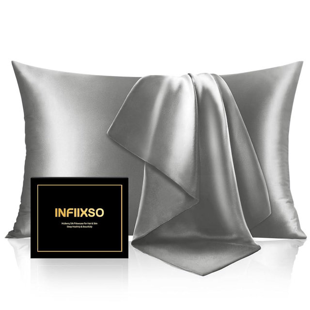 INFIIXSO Mulberry Silk Pillowcase for Hair and Skin, Silk Pillow Cases Standard Size Set of 2 with Hidden Zipper 20x26 Inches, Smooth and Soft Cooling Pillow Cases for Hot Sleepers(Dark Grey,2 Pack)