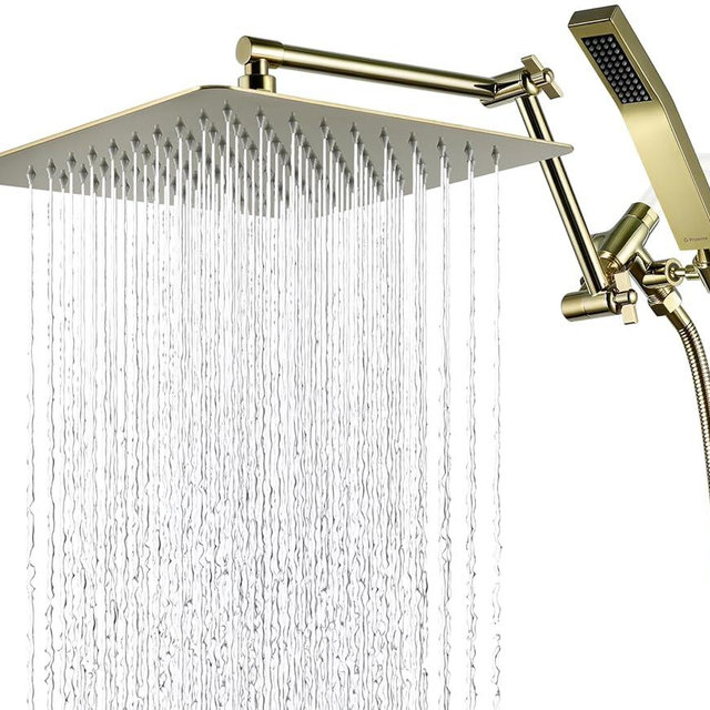 G-Promise All Metal 12 Inch Rainfall Shower Head with Handheld Spray Combo| 3 Settings Diverter|Adjustable Extension Arm with Lock Joints |71 Inches Stainless Steel Hose (Polished Brass)