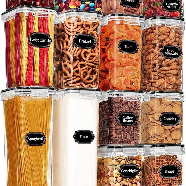 14 Pack Airtight Food Storage Containers for Kitchen Pantry Organization and Storage, Skroam BPA Free Plastic Canister Set with Lids, Cereal, Pasta, Flour & Sugar Containers- Spoon Set, Labels & Marker