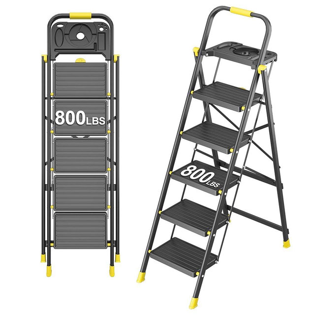 5 Step Foldable Step Ladder with Mutifunctional Tool Tray, Platform Ladders Stepstools, Step Stool 5 Step Folding with Non-Slip Pedals, 800lbs Bearing Capacity for Adults, Home, Kitchen, Black Yellow