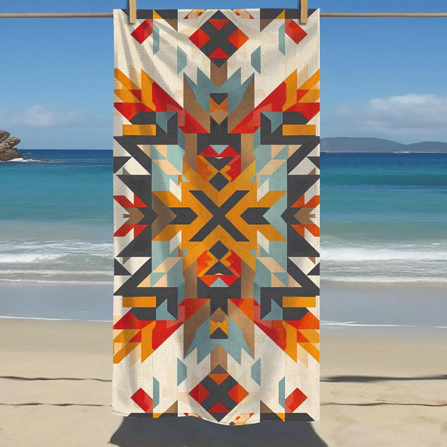 Southwestern Beach Towel Orange and Jade Aztec bath towel modern western blue beach towel Native American art beach accessory Navajo design